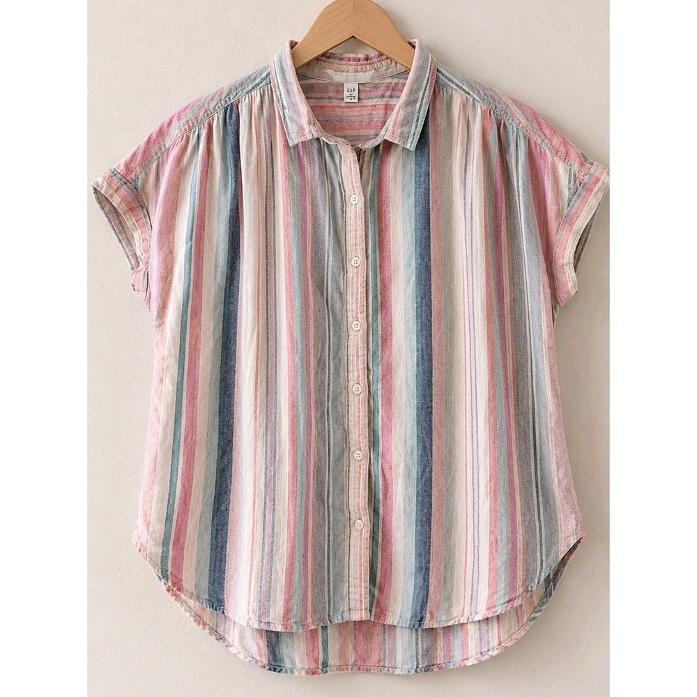 Women's Linen Blend Top Large Striped Button Front Coastal Boho Lightweight Beac